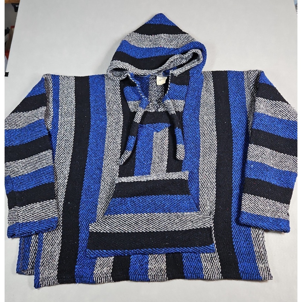 Mens Mexican Baja Hoodie Blue Gray Black Striped Pullover Size XL